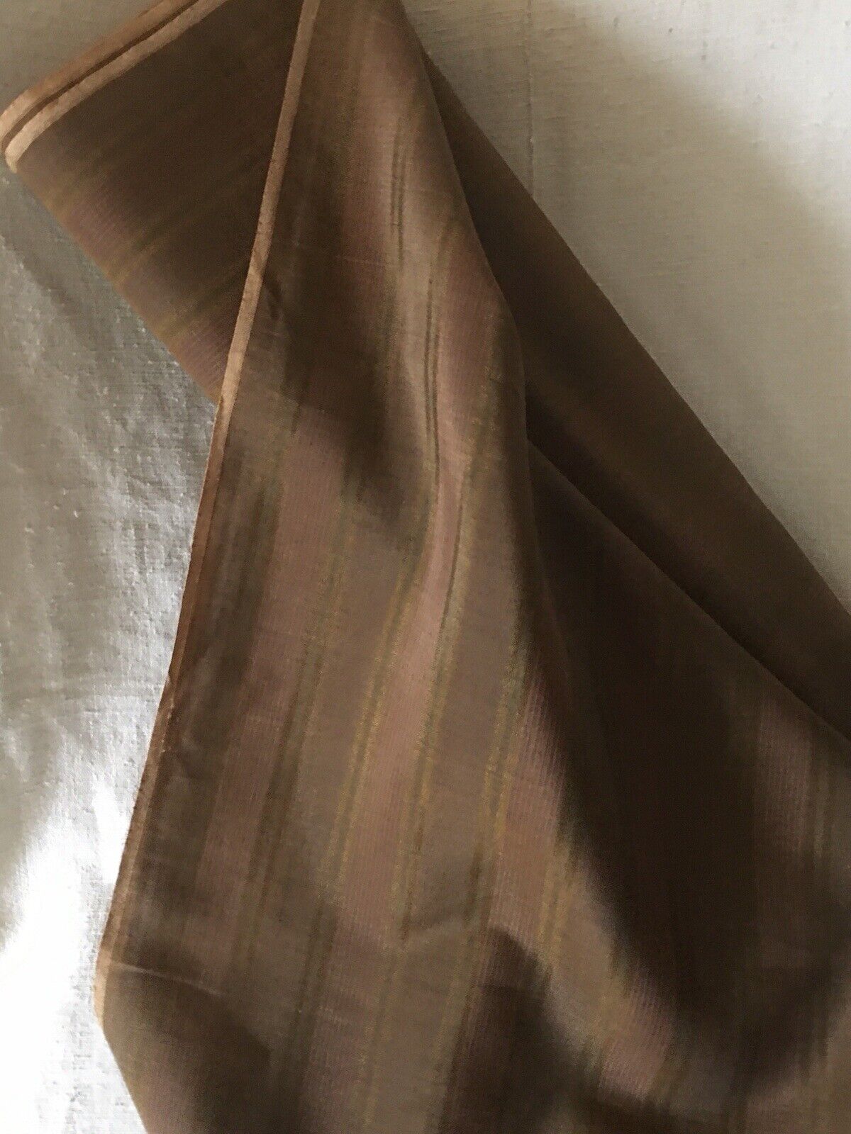 Antique English Fine Wool Silk  Stripe Challis Fabric ~ Coppery Brown  Mustard