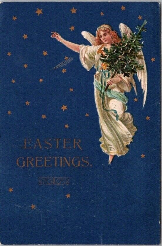 Vintage EASTER GREETINGS Embossed Postcard / Flying Angel with Xmas Tree - 1908