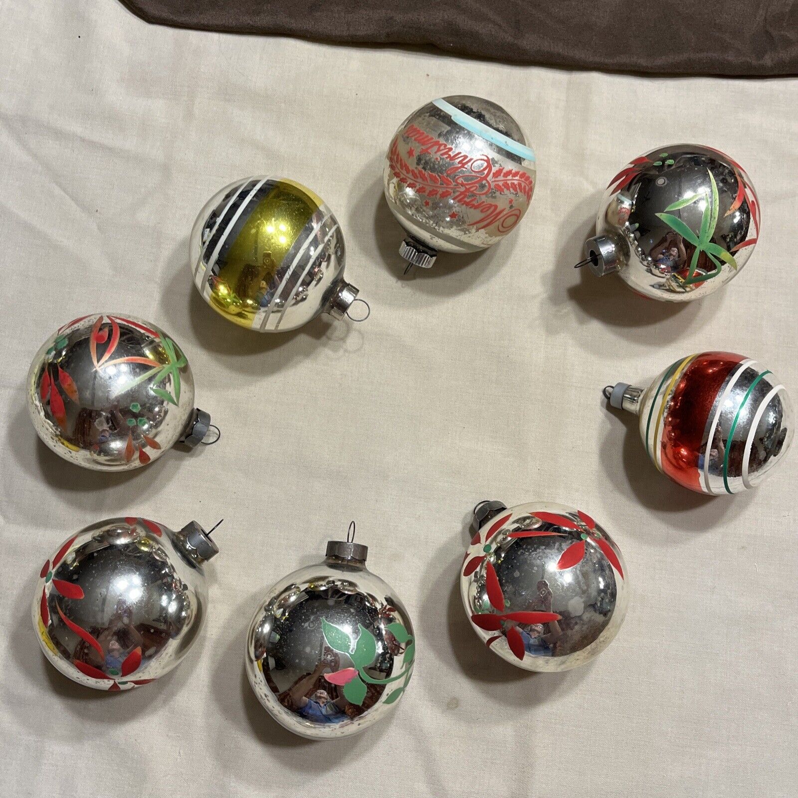 Lot of 8 Vintage Silver Glass Ball Ornaments 2 1/2” Hand Painted Stripes/ Floral