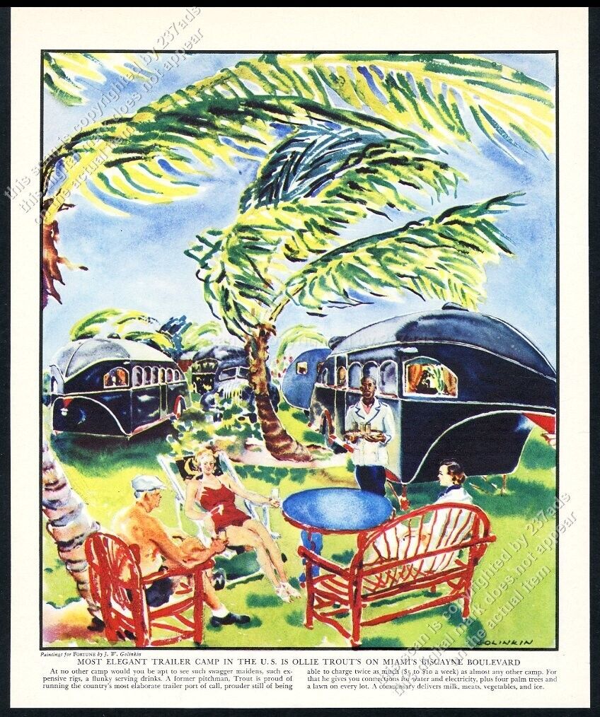 1937 Miami FL Ollie Trout\'s trailer camp park Joseph Golinkin art vtg print