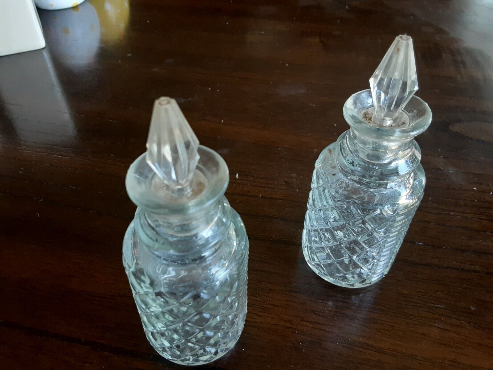 Vintage Cut Glass Vinegar & Oil Bottles with Plastic Stoppers