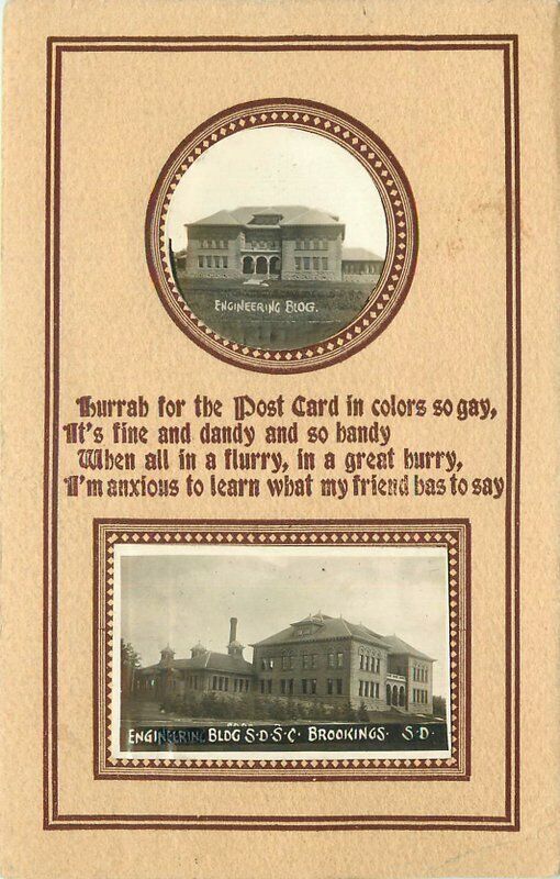 c1910 Brookings South Dakota Arts & Crafts Saying Dual Photo Inset Postcard
