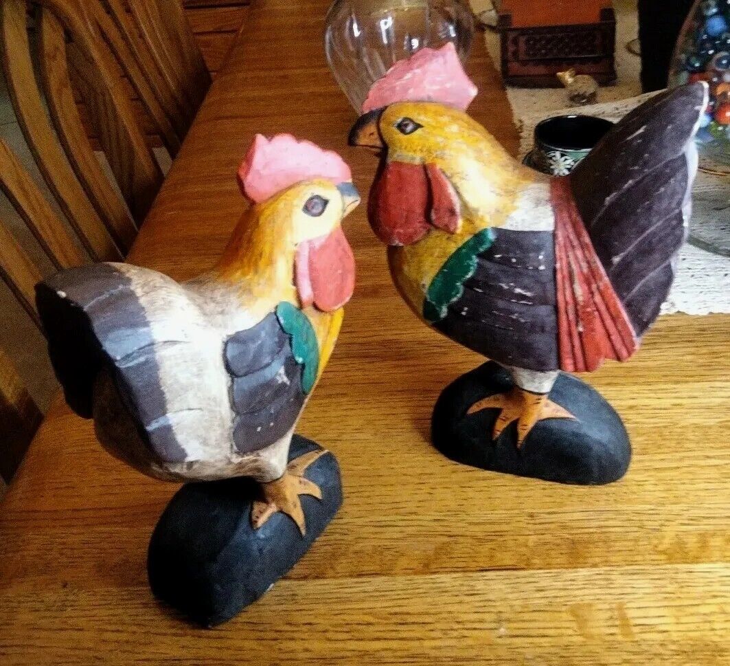 Vintage Rustic Farm House Hand Carved Painted  Wood Folk Art Chicken Sculptures