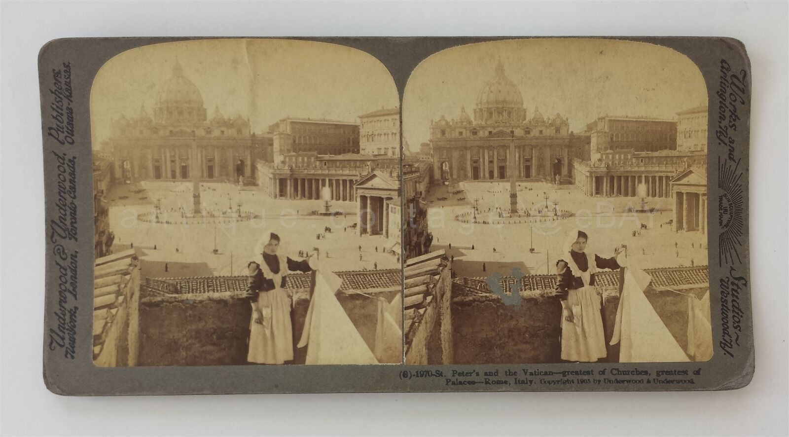 1905 antique St PETER SQUARE VATICAN STEREOVIEW PHOTO rome italy CHURCH PALACE