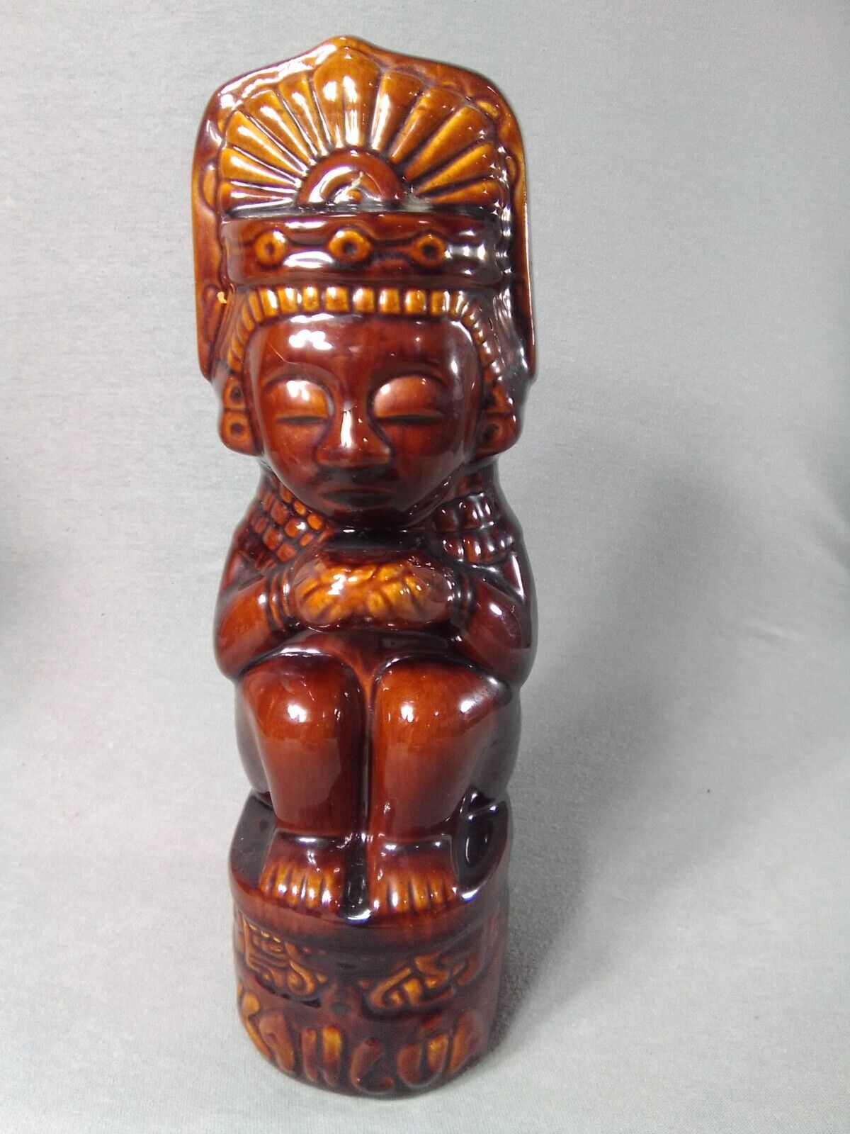 Kahlua Brown Aztec Mayan Glazed Ceramic Bottle Decanter Tiki 11.5\