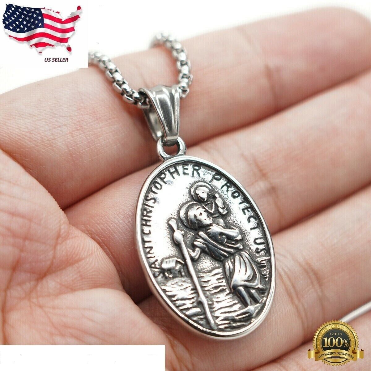 MENDEL Mens St Saint Christopher Medal Pendant Necklace Stainless Steel Amulet