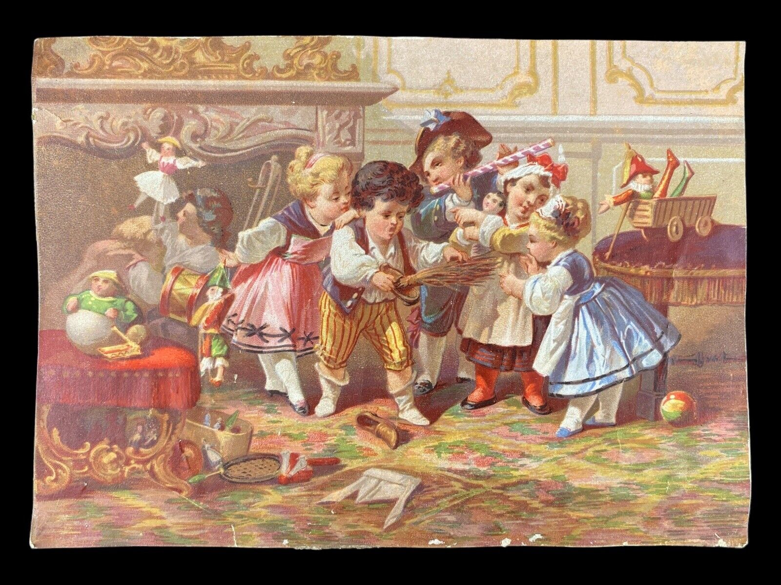 Antique Victorian 19th C. French Litho Ad Print Ephermera Children Playing Scene