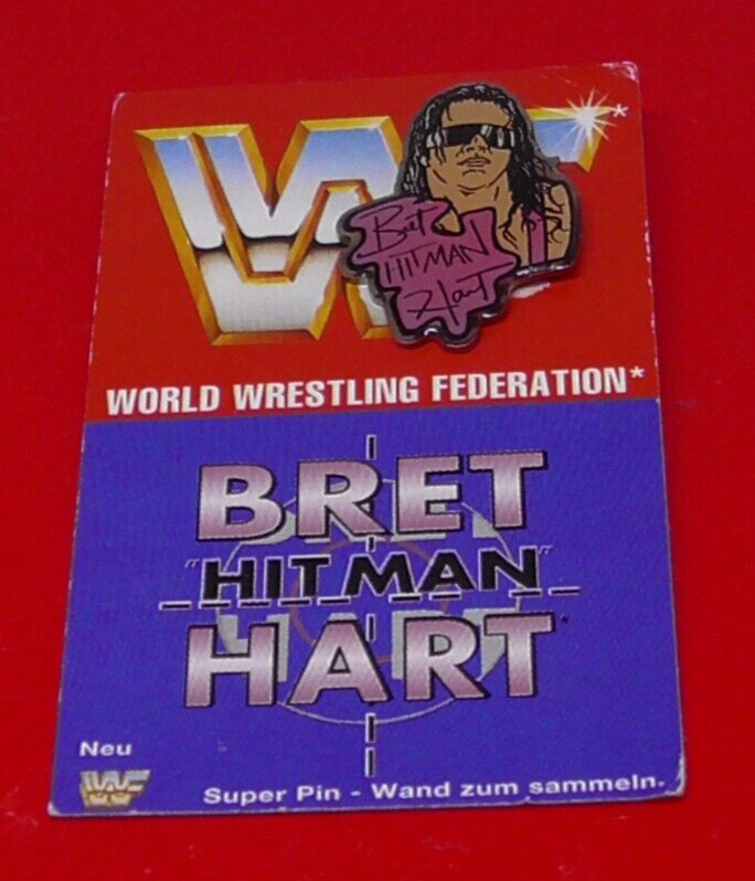 WWF World Wrestling Federation Titan Sports Bret Hart SMALL Badge on Worn Card