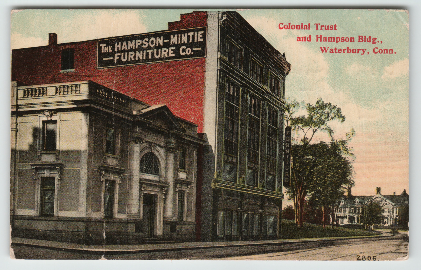 Postcard 1911 Colonial Trust and Hampson Building in Waterbury, CT.