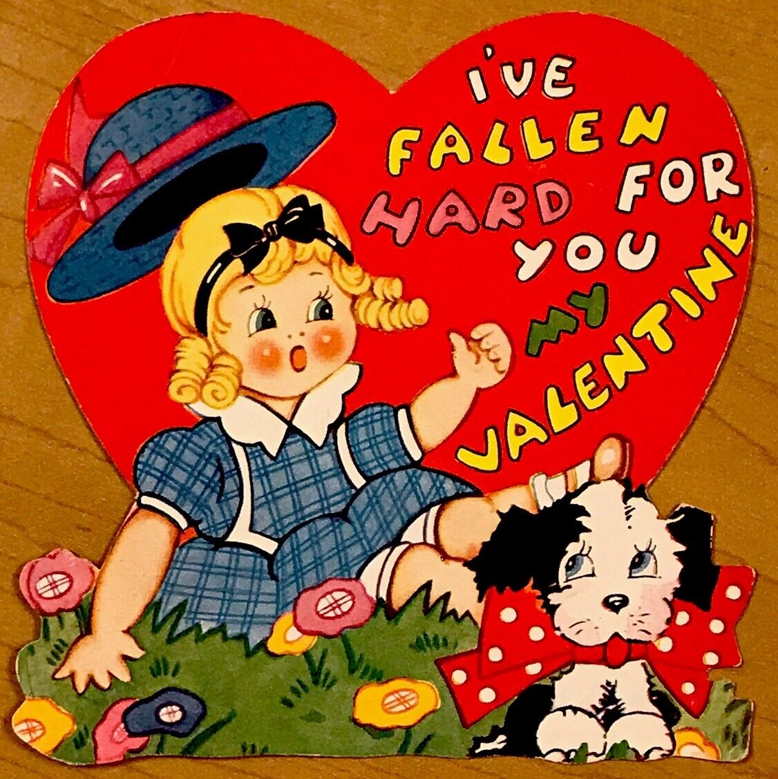 Charming Vintage Valentine I’ve Fallen Hard For You Girl & Puppy