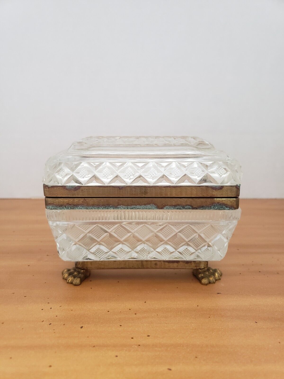 Antique French Crystal Casket Trinket Jewelry Glass Box Hinged Lid Guilded Mount