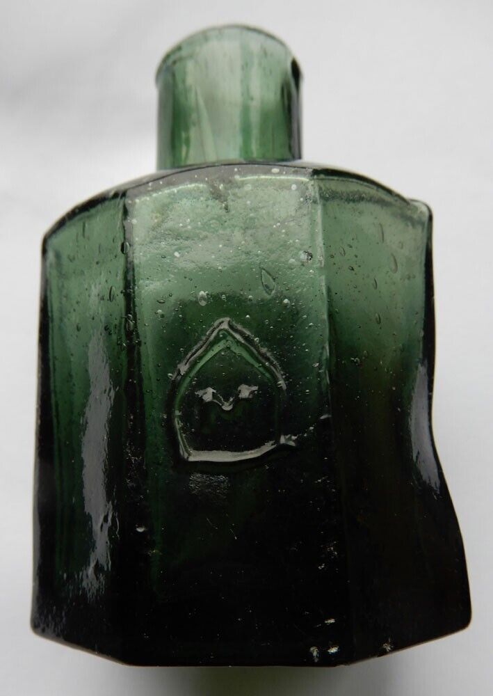Dark green crudely made large size octagonal Morrell ink bottle c1900\'s (J)