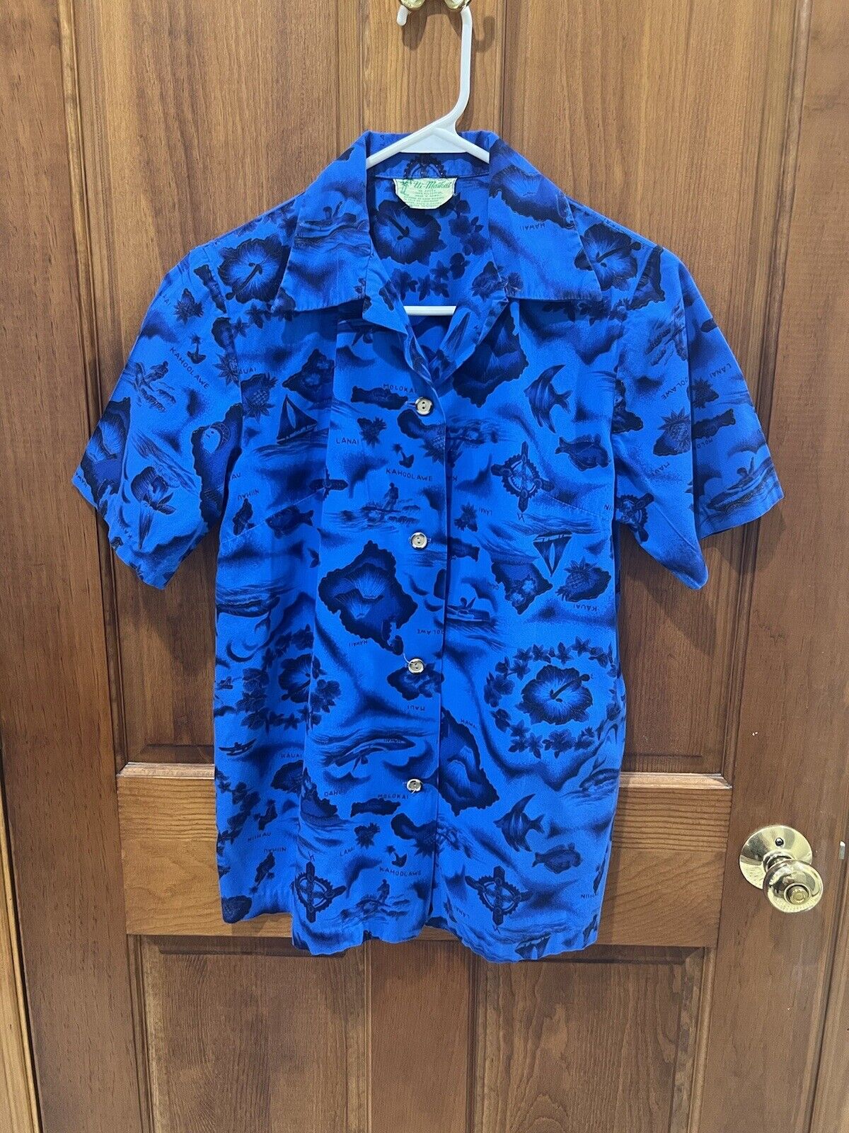 VTG 60s Blue/Gold UI-MAIKAI Hawaiian Aloha Ocean Map Island Cotton Shirt RARE