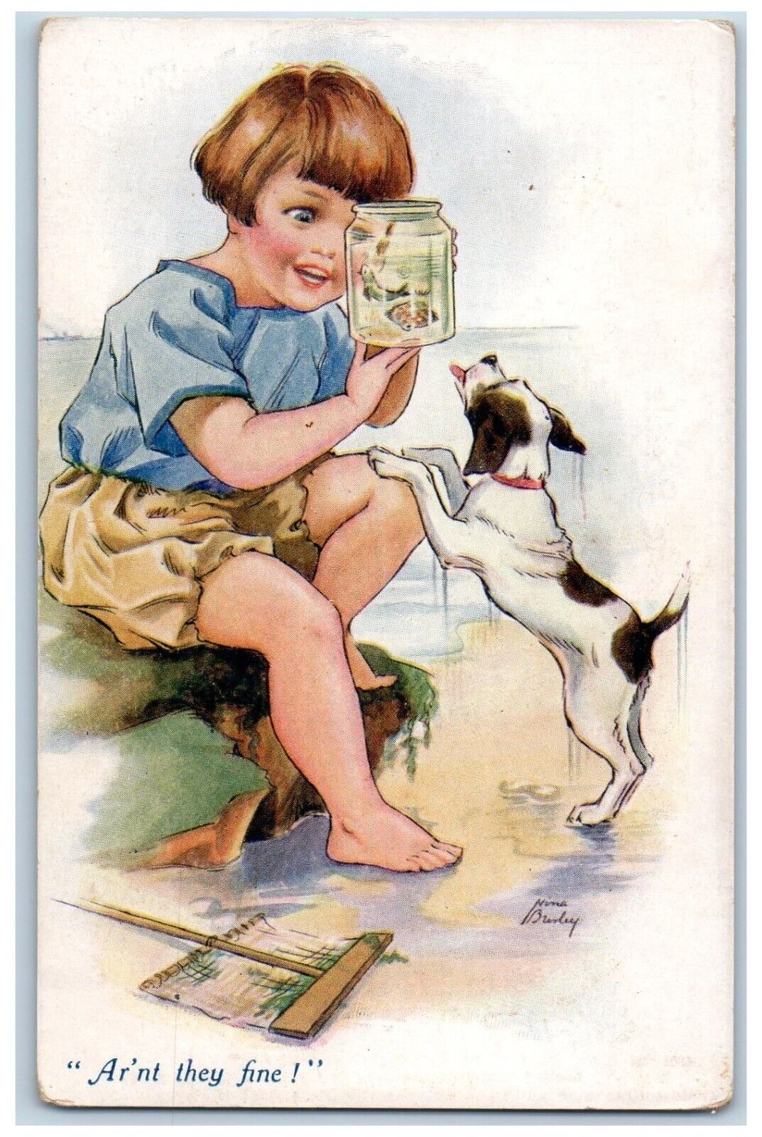 Artist Signed Postcard Little Kid Aren\'t They Fine Fish In Glass Dog c1910\'s