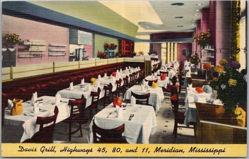 MERIDIAN, Mississippi Postcard DAVIS GRILL RESTAURANT Interior View Linn c1950s