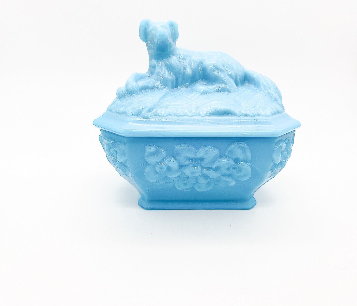 Vintage PORTIEUX VALLERYSTAHL Blue Milk Glass Dog Trinket Candy Box with Florals