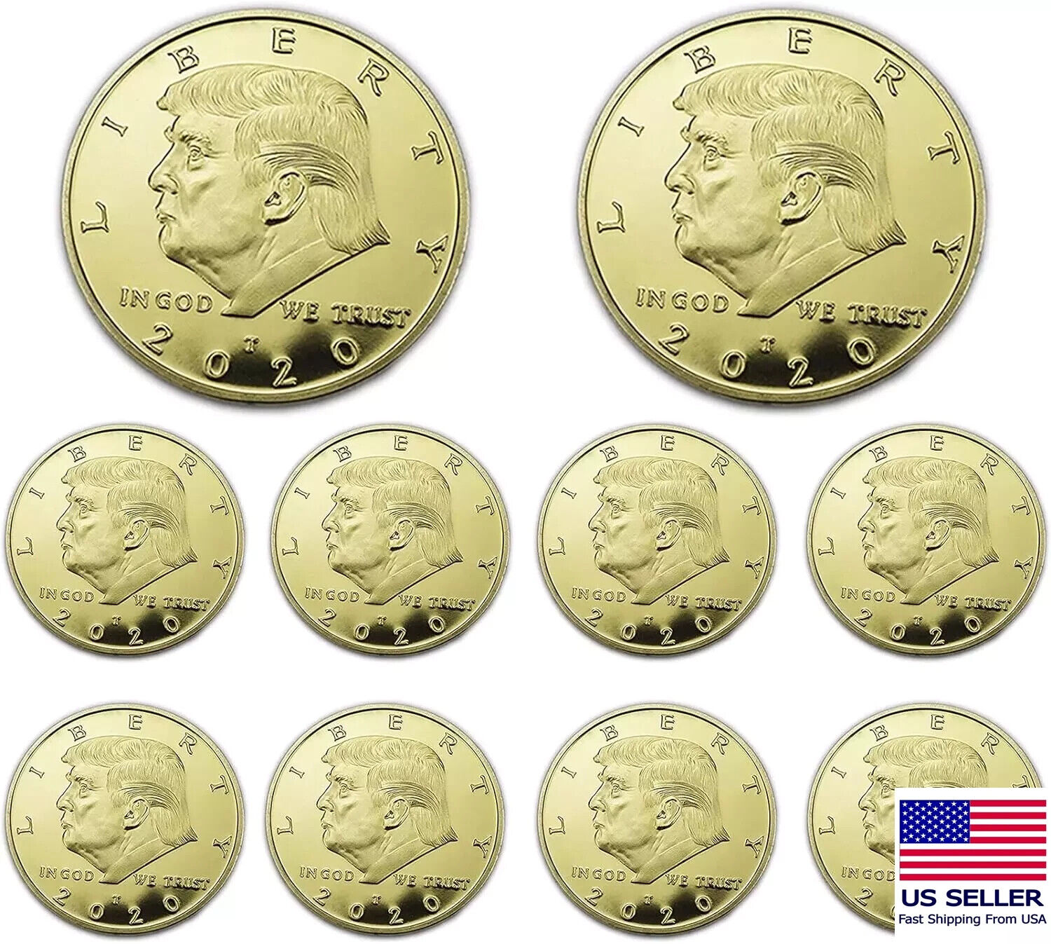 10 Pack 2020 Donald Trump Gold Plated Coins with Stands, President Eagle Seal Co