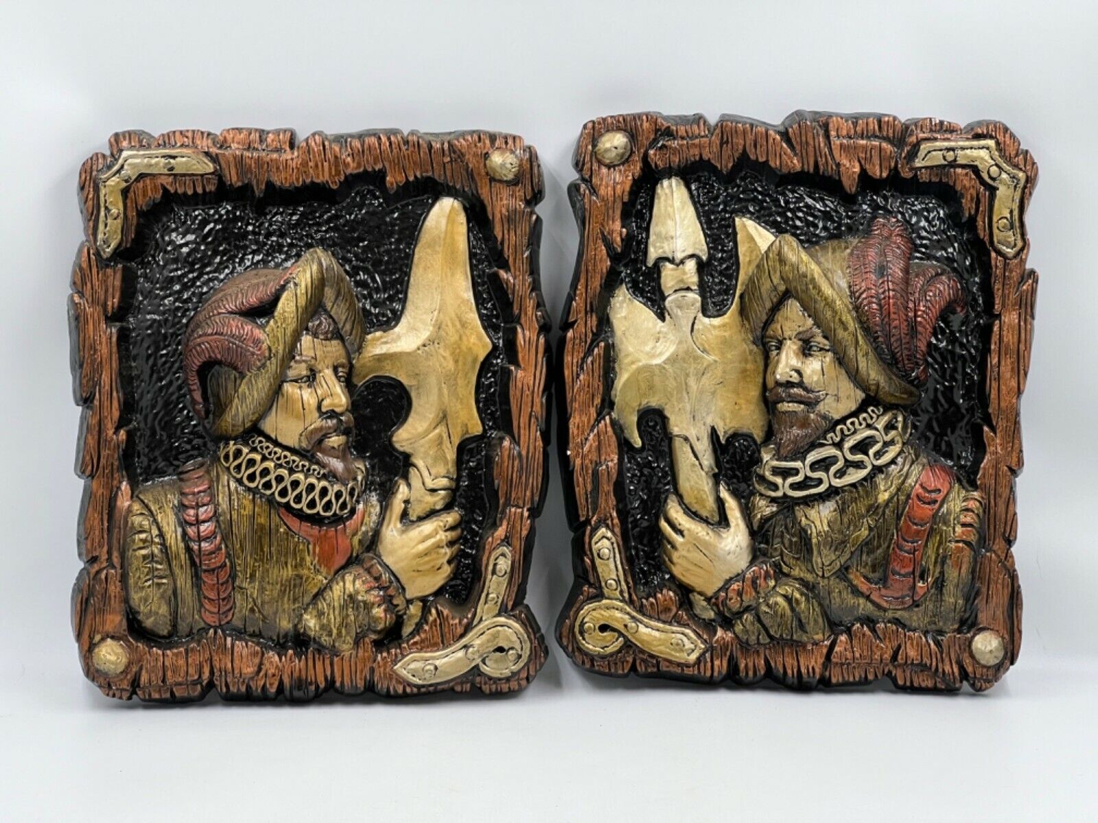 Vintage 1970's Spanish Conquistador Plaster Hand-Painted Wall Plaques-Very Nice