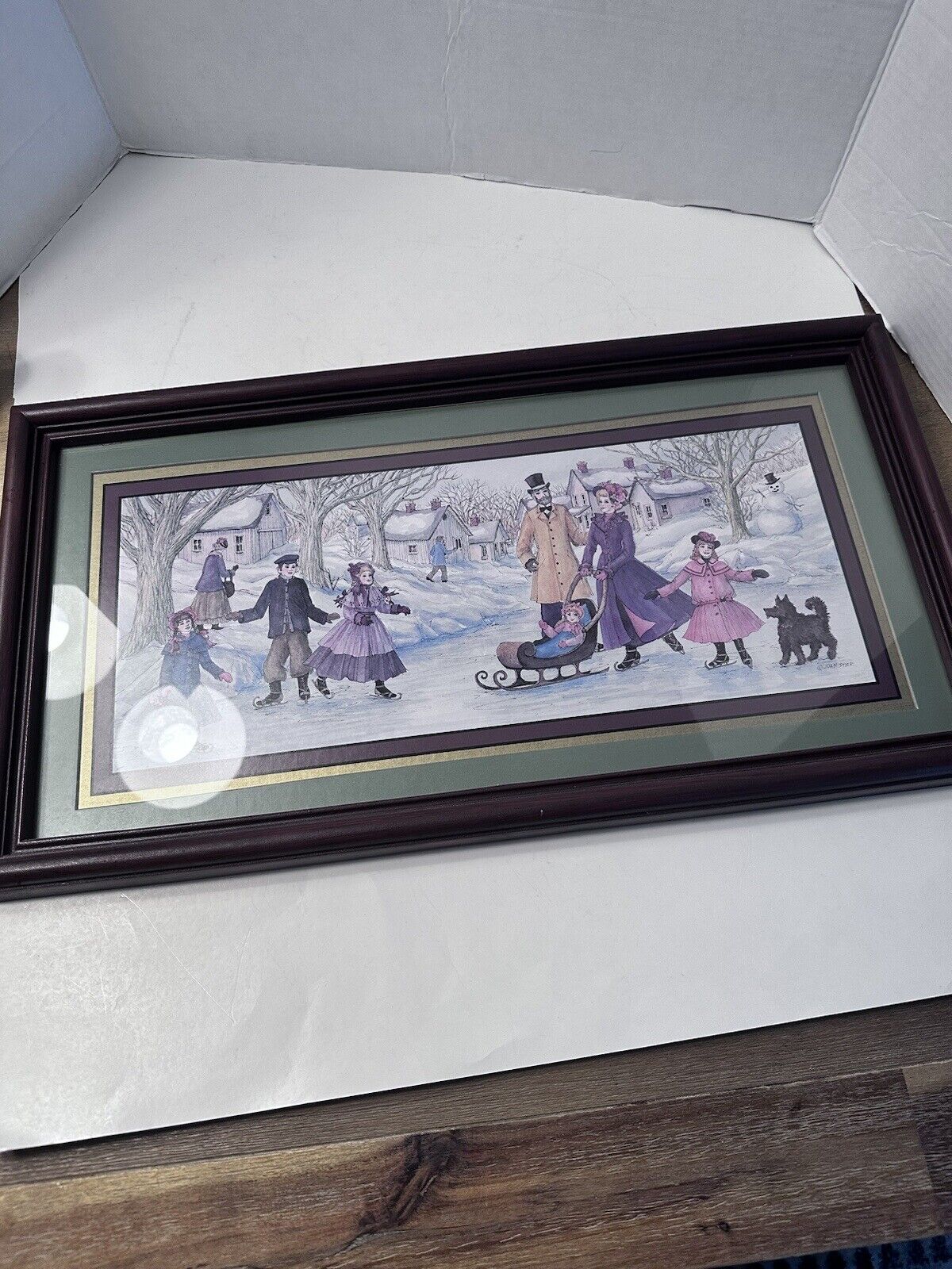 Vintage Home Interiors Joan Stier Ice Skating Framed and Matted 21.5” X 11.5” 