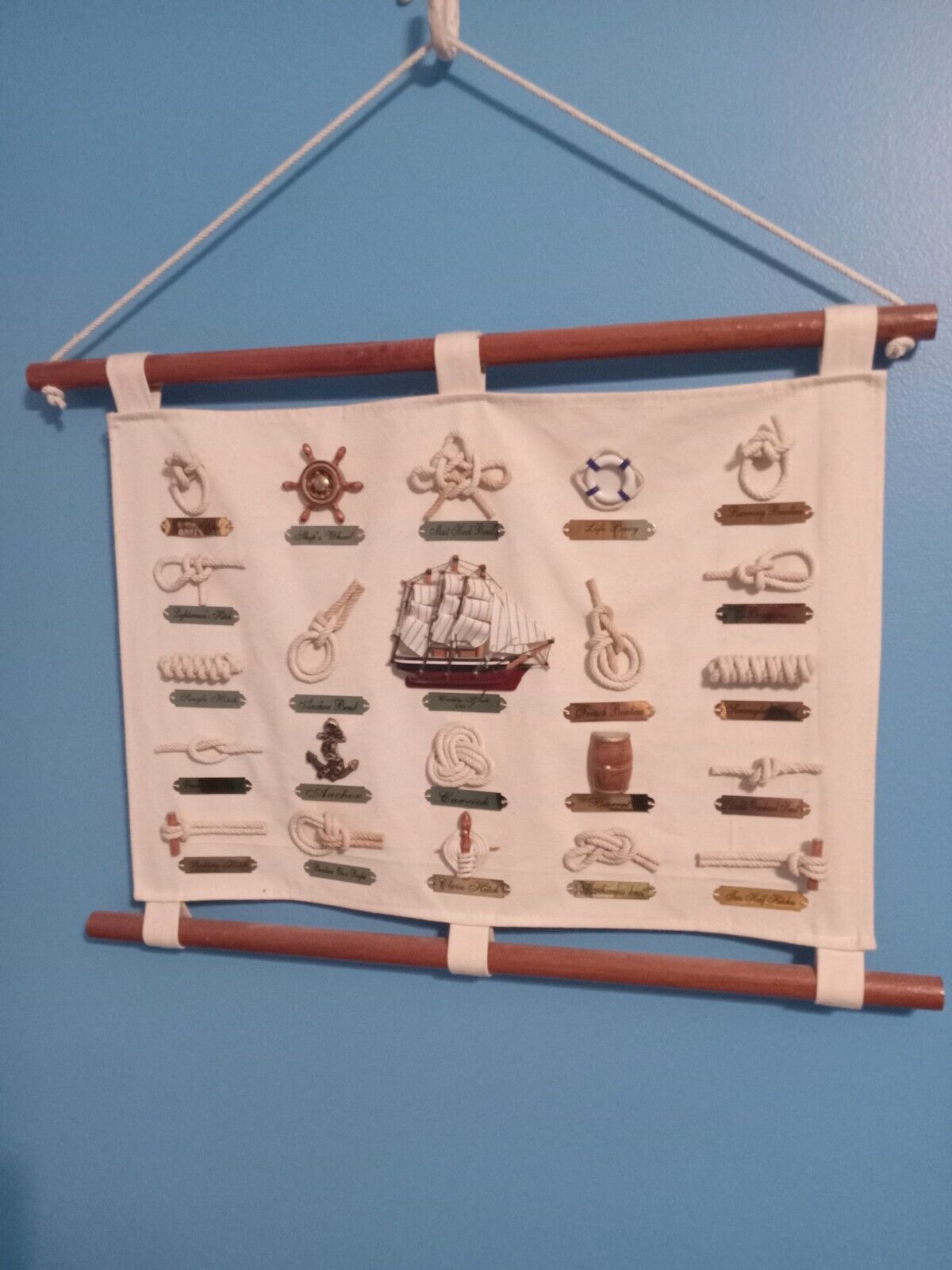 Vintage Nautical Wall Art With Ship And Rope Knots  Marine Boat Hanging 