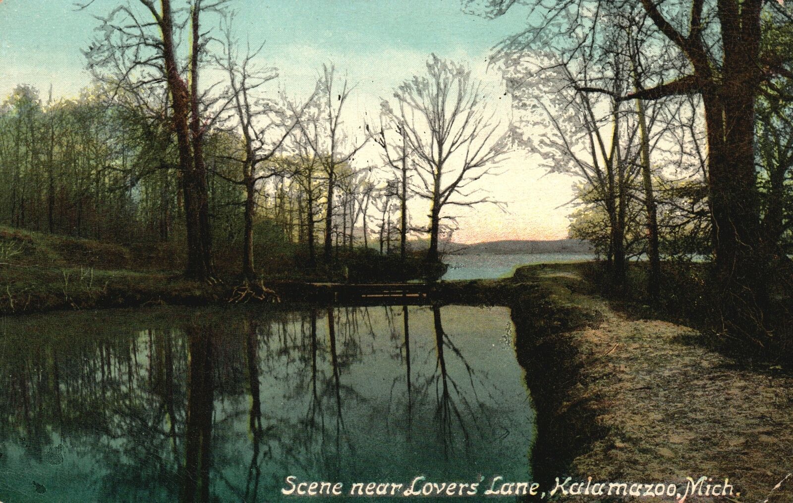Kalamazoo Michigan MI, Scene Lover\'s Lane, Lake Reflection, Vintage Postcard