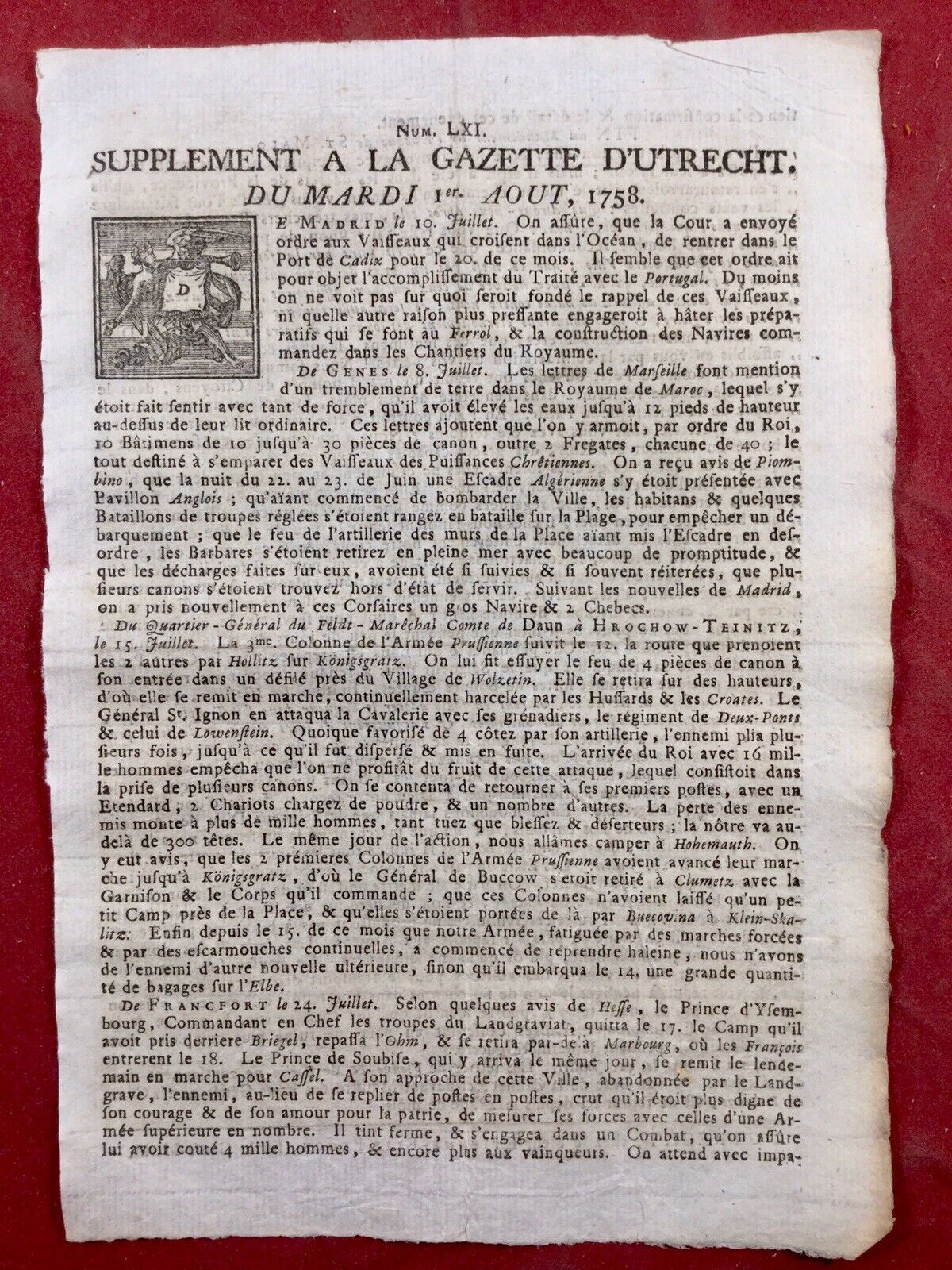 Gazette d'Utrecht 1758 Genoa Genoa Italy Saint Malo Comte De Daun Königgratz