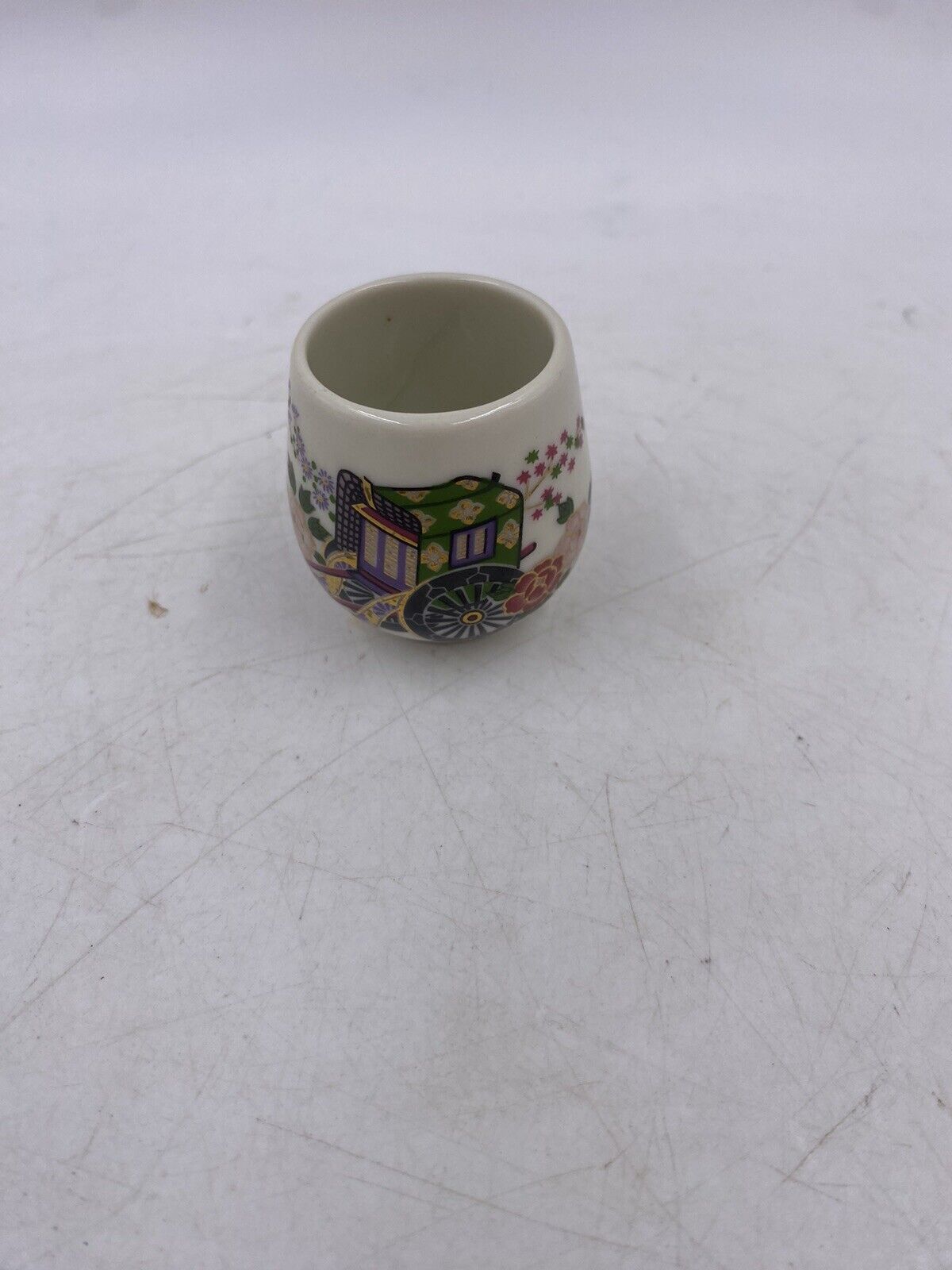 Vintage Porcelain Sake Cup Flowers and Wagon