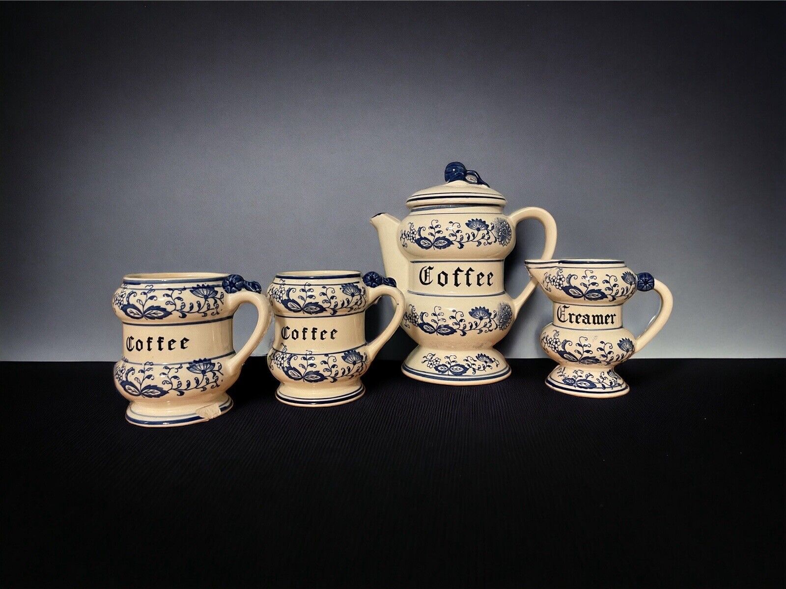 Vintage 1950’s Blue Onion Porcelain Coffee Pot, Creamer and 2 Coffee Mugs