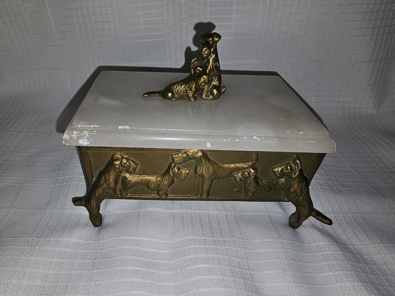 Vintage 1930s Art Deco Scottie Terrier Dog Humidor Cigarette Box Brass