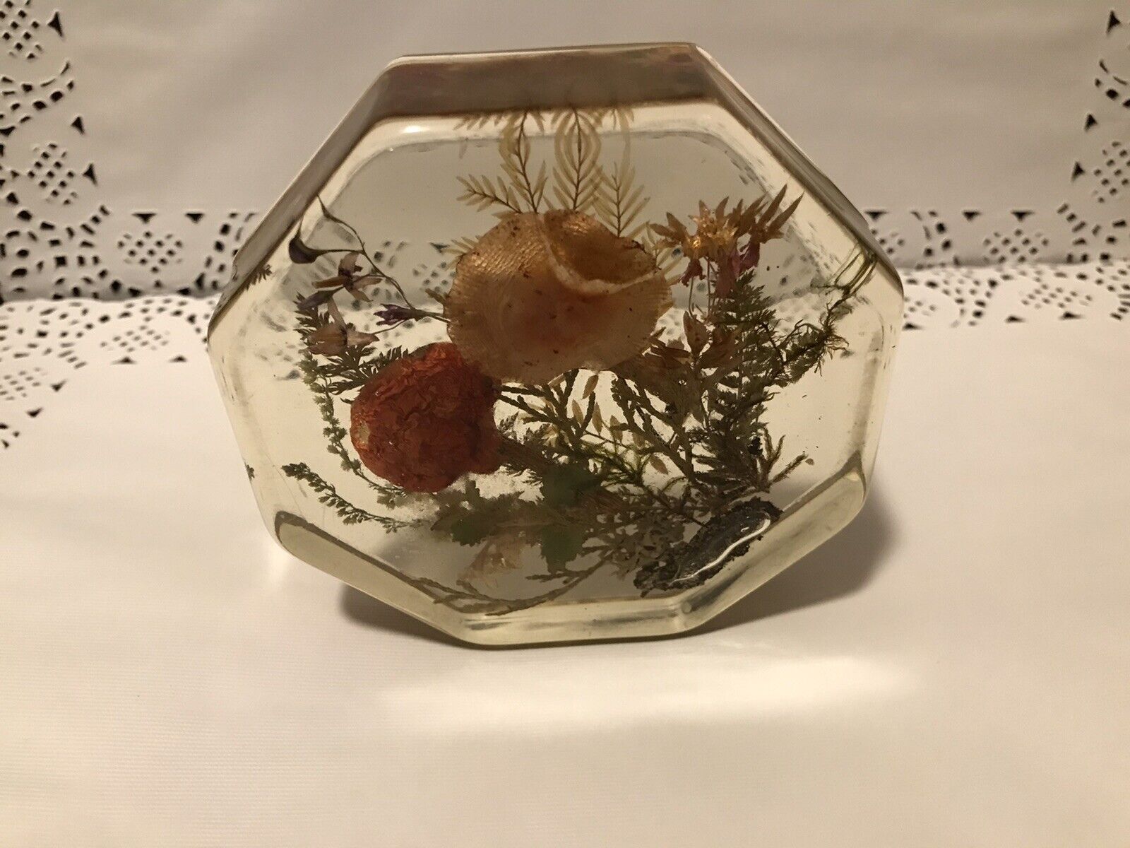 Vintage Lucite Paper Weight.  ~Pressed Flowers. 4” Octagon Shape.