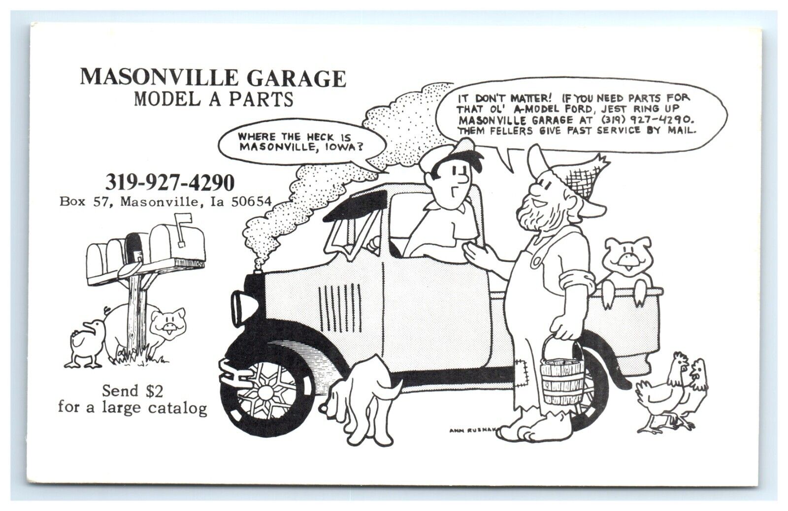 Postcard Masonville Garage Advertisement Model A Parts Iowa Artist Ann Rusnak