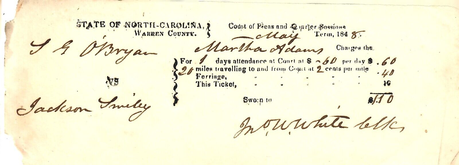 1848 Warren County North Carolina NC - COURT OF PLEAS MAY 1848 TERM FOR $1.10