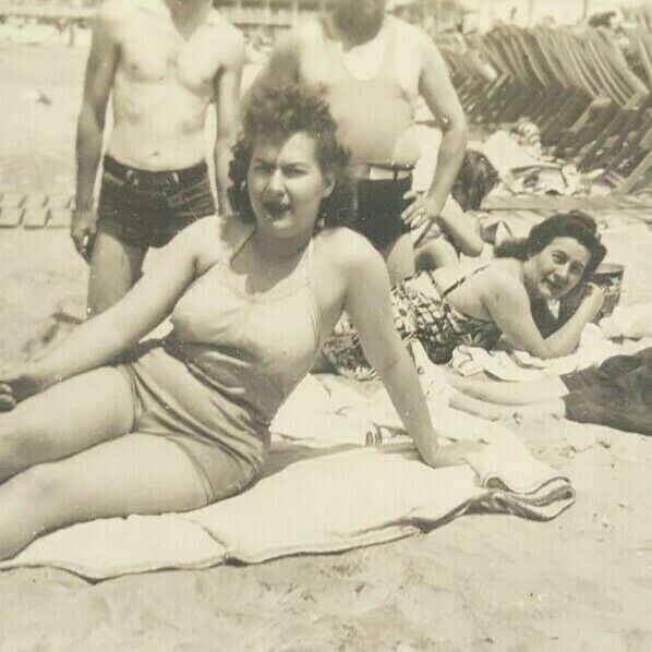 Vintage Photo Women Bathing Suits on Beach Blankets w/ Men Atlantic NJ 1940s