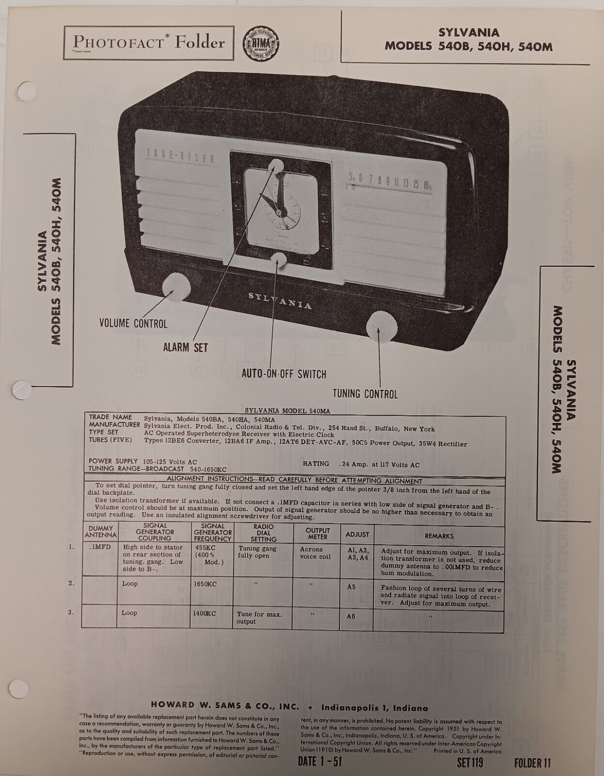 Photo Fact Data 1951 Sylvania Model 540B, 540H, 540M Broadcast Radios.