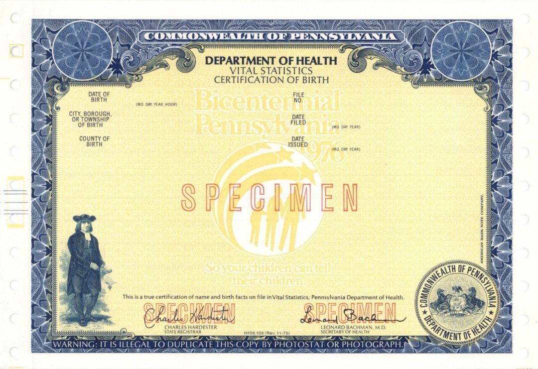 Department of Health Vital Statistics Certificate of Birth - Specimen - Specimen
