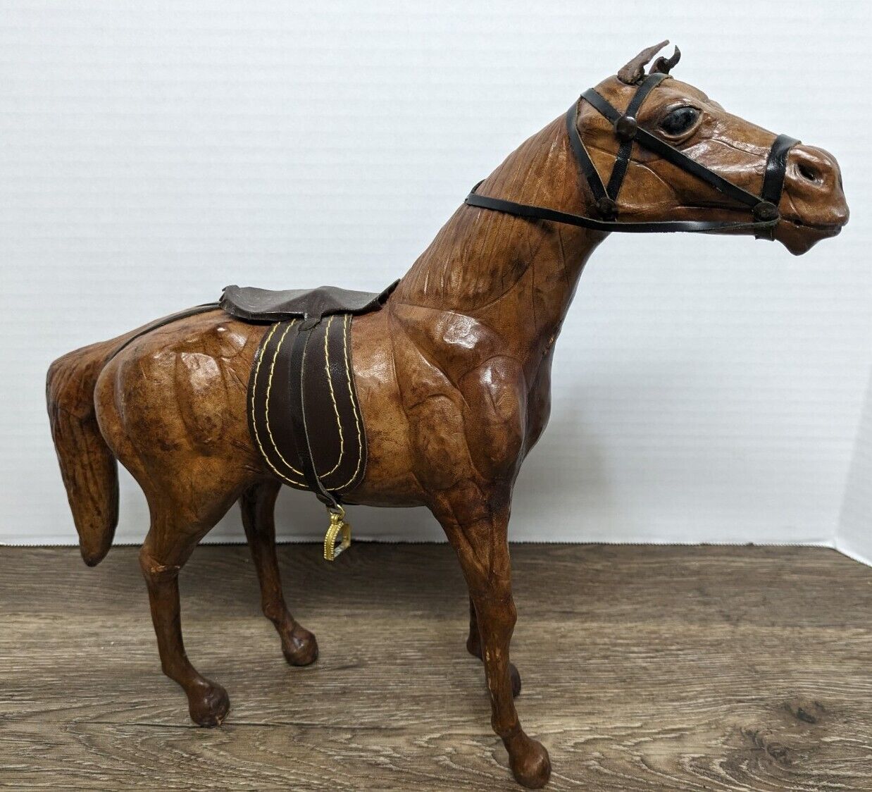 Leather Wrapped Equine Brown Horse with Saddle Stirrups Figurine Statue Vintage 