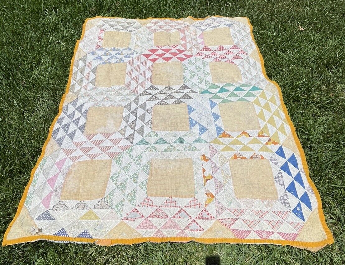 Vintage Patchwork Quilt Hand Sewn Multicolor Triangles And Squares Pastel 66X84
