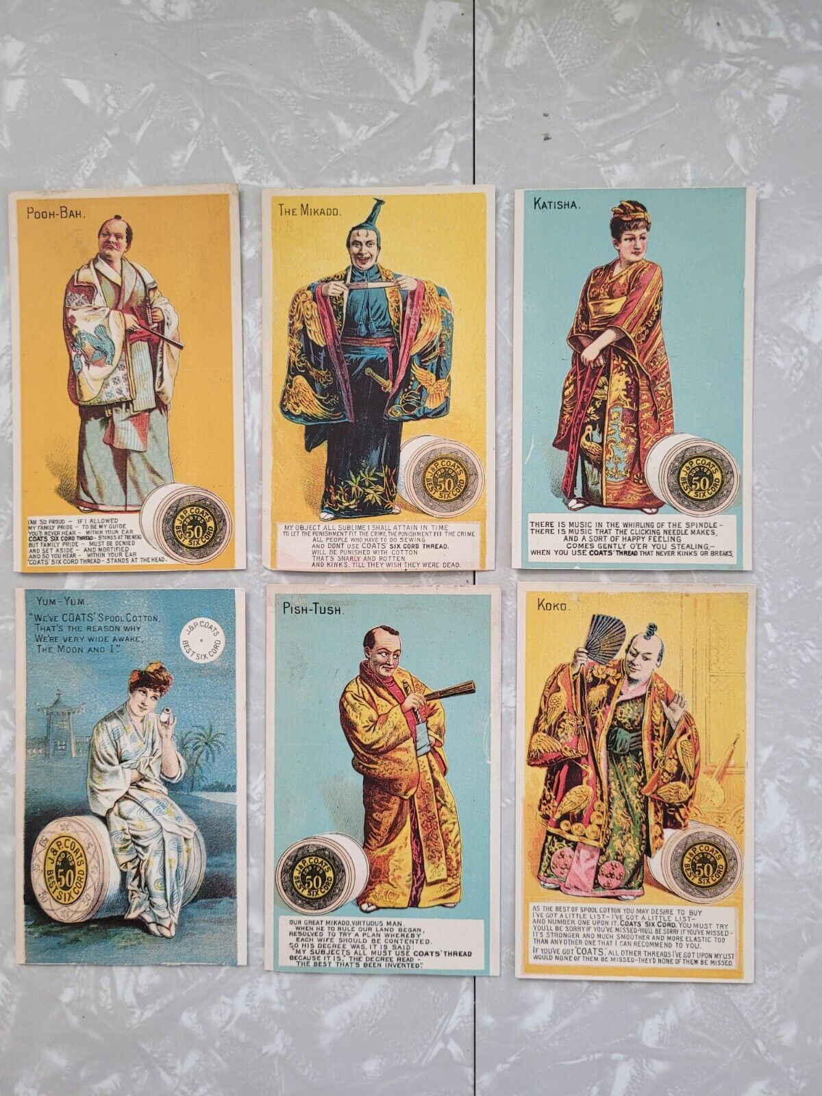 1880s JAPANESE Mikado Sewing J&P COATS THREAD Victorian Advertising Trade Cards
