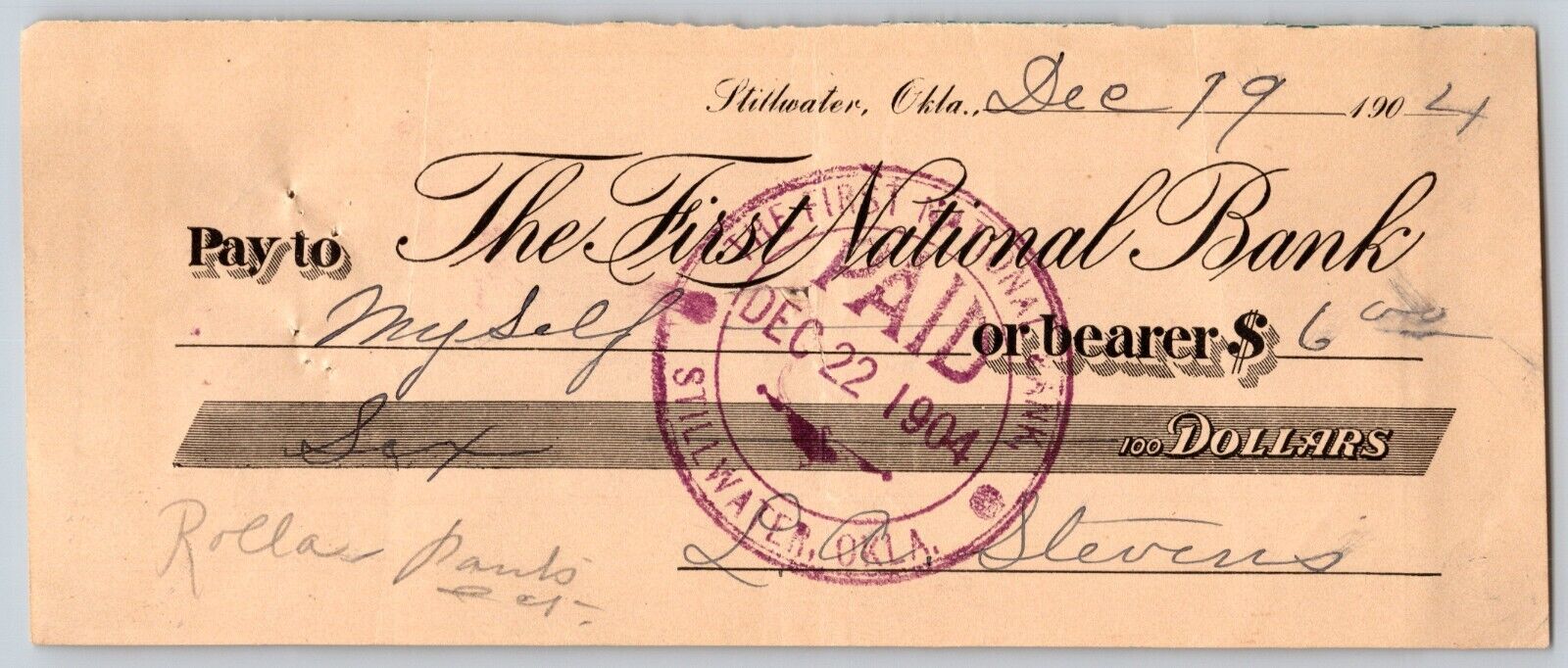 Stillwater, Territorial Oklahoma 1904 First National Bank Check