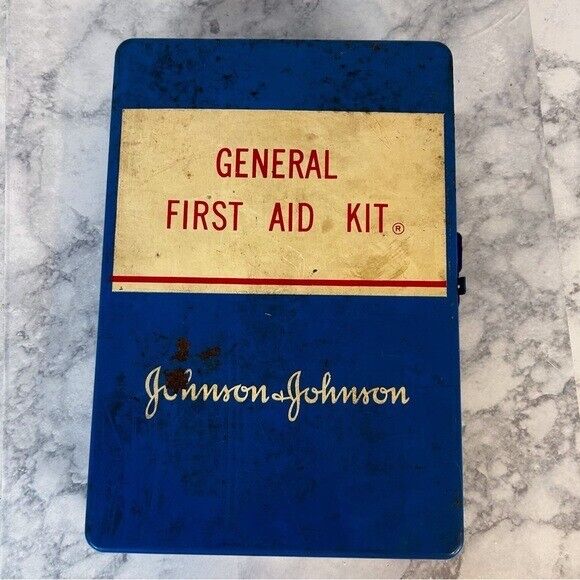 Vintage Johnson & Johnson Wall Mount Blue General First Aid Kit w/ Band-Aid Tins