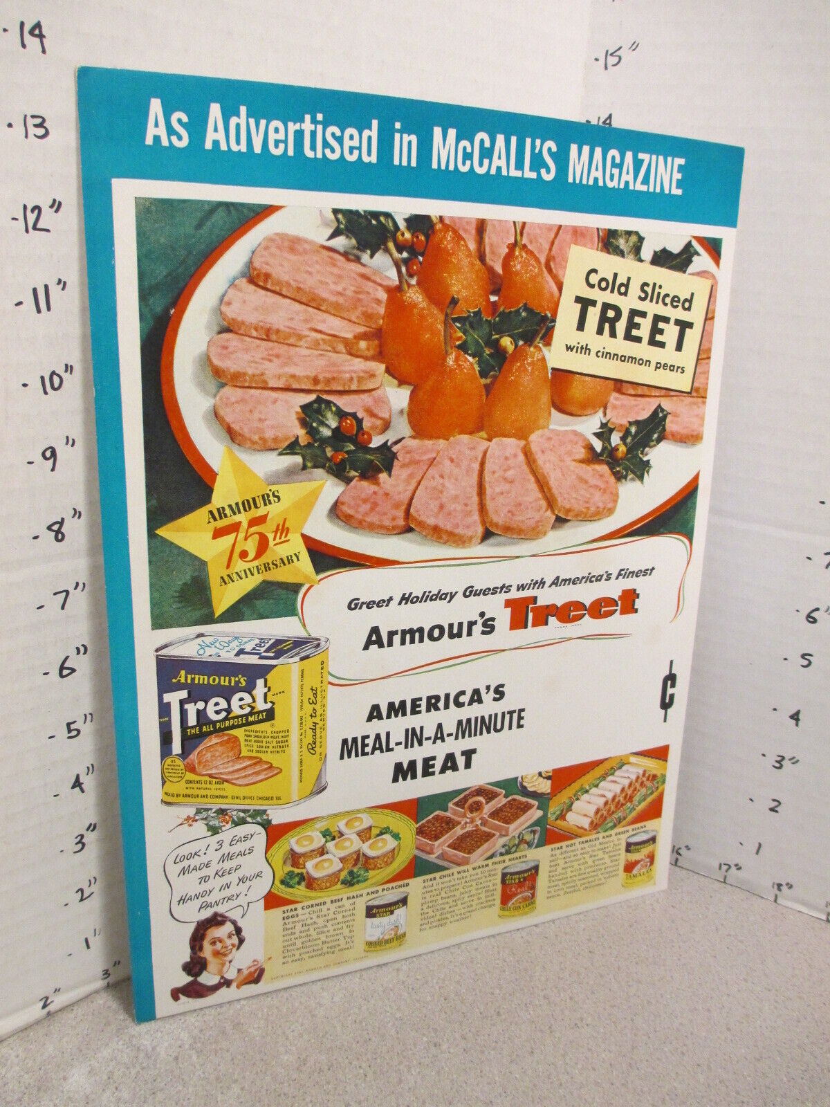 ARMOUR 1941 TREET meat Christmas store display sign standee food can McCall\'s