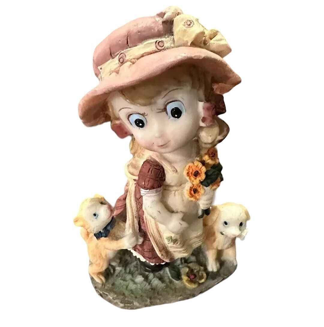 Vintage Ceramic Cute Girl With Dogs Multicolor Figurine Approx 4 Inches