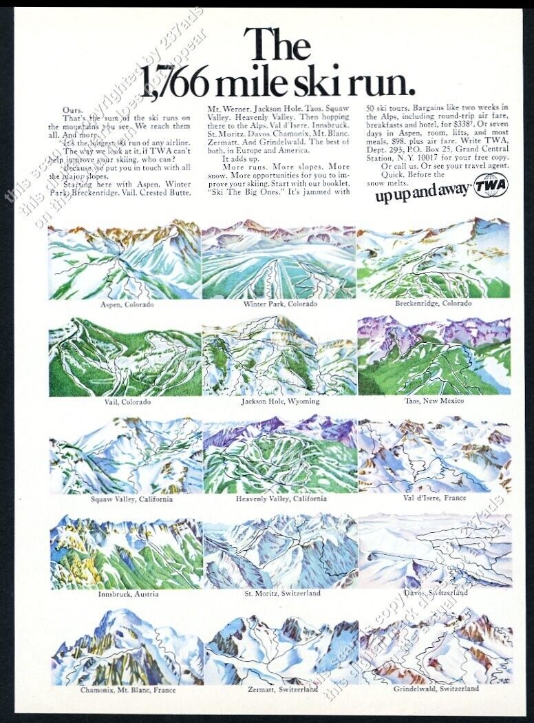 1969 Vail Aspen Taos St Moritz ski area map art TWA airlines vintage print ad