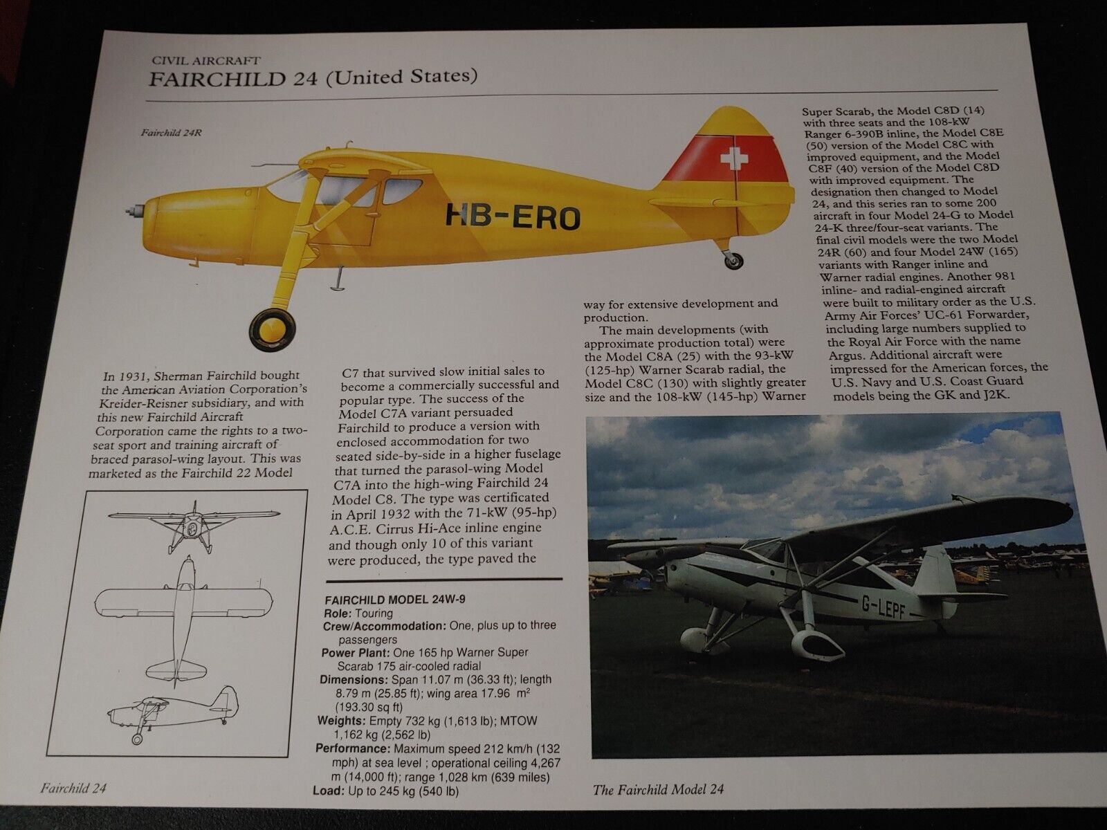 UNIQUE ~ Fairchild 24 Airplane Aircraft Profile Data Print ~ UP CLOSE