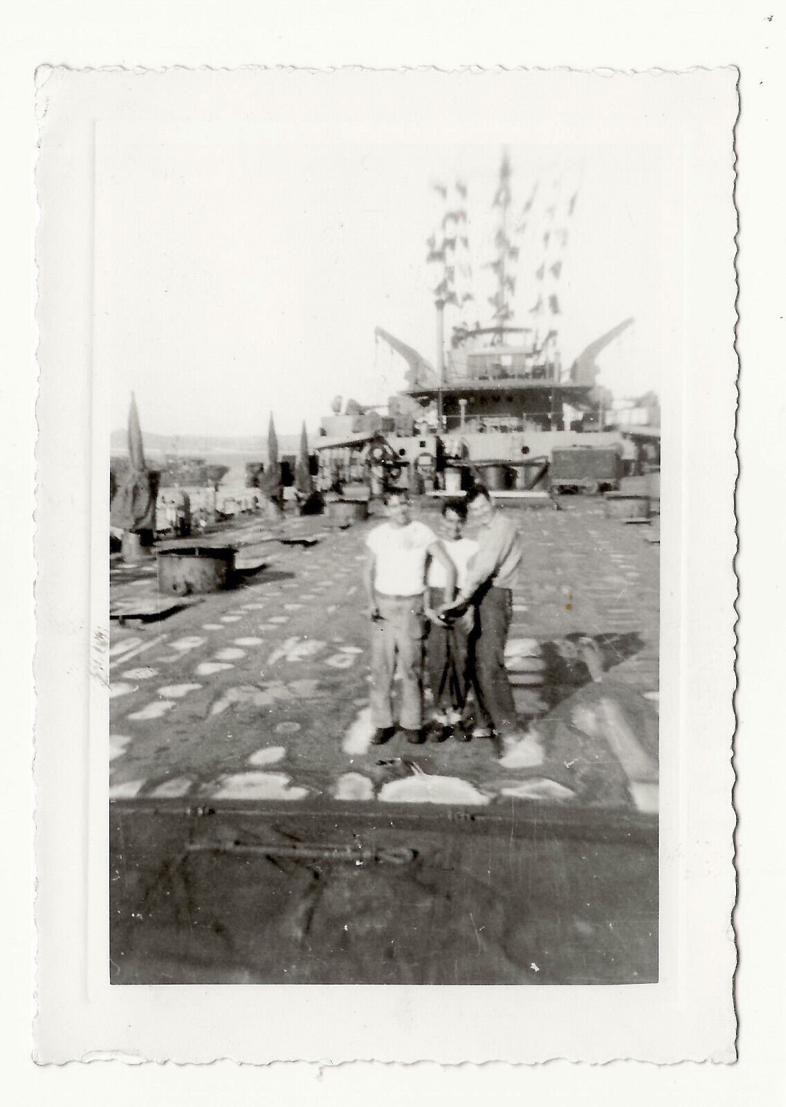 WWII U.S. Navy sailors on ship deck, silly, crotch snapshot photo, gay interest
