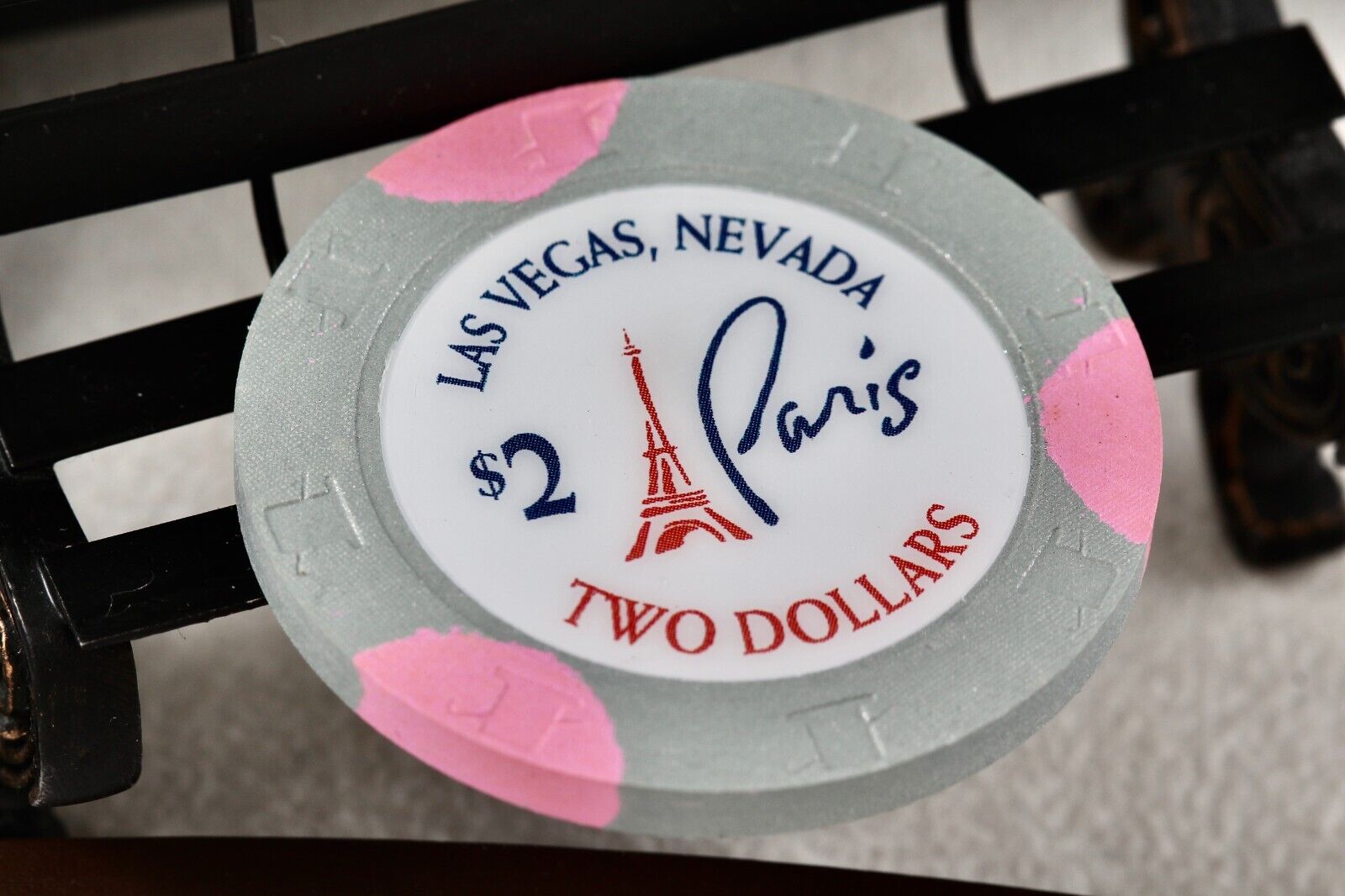 Las Vegas Hotel Paris Casino $2 Dollar H & C Light Gray & Pink Clay Poker Chip