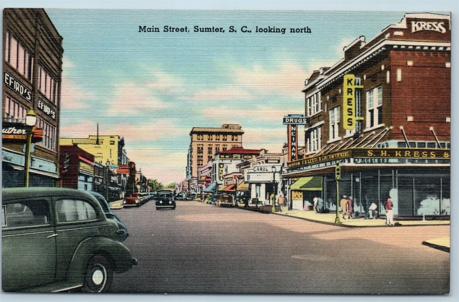 Postcard SC Sumter Main Street View c1940s Kress Store Drug Store Old Cars Q6