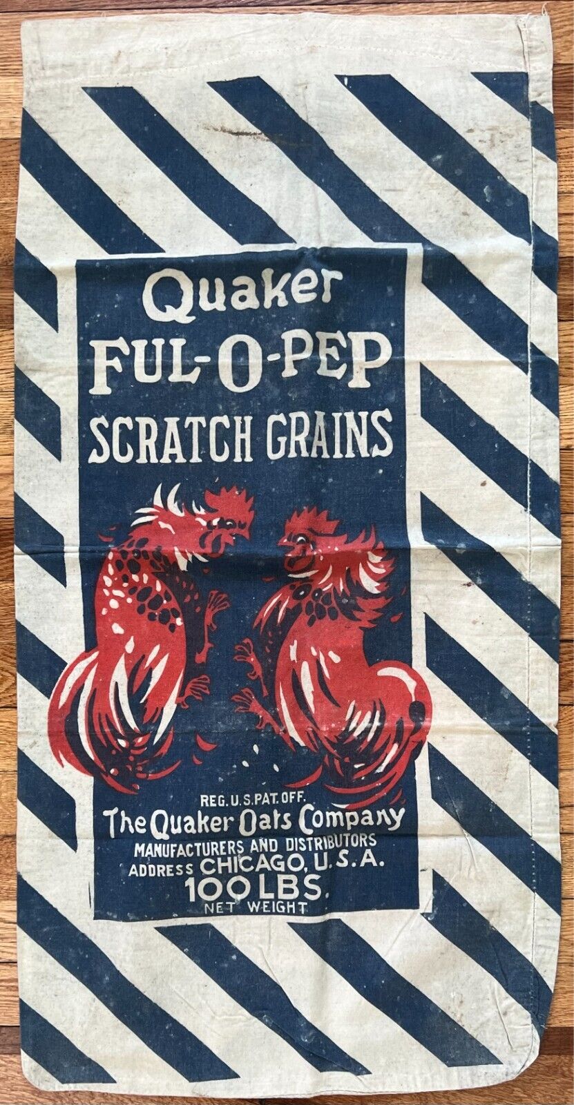 QUAKER OATS Vintage FUL-O-PEP Scratch Grains 100lb Cloth Sack FIGHTING ROOSTERS