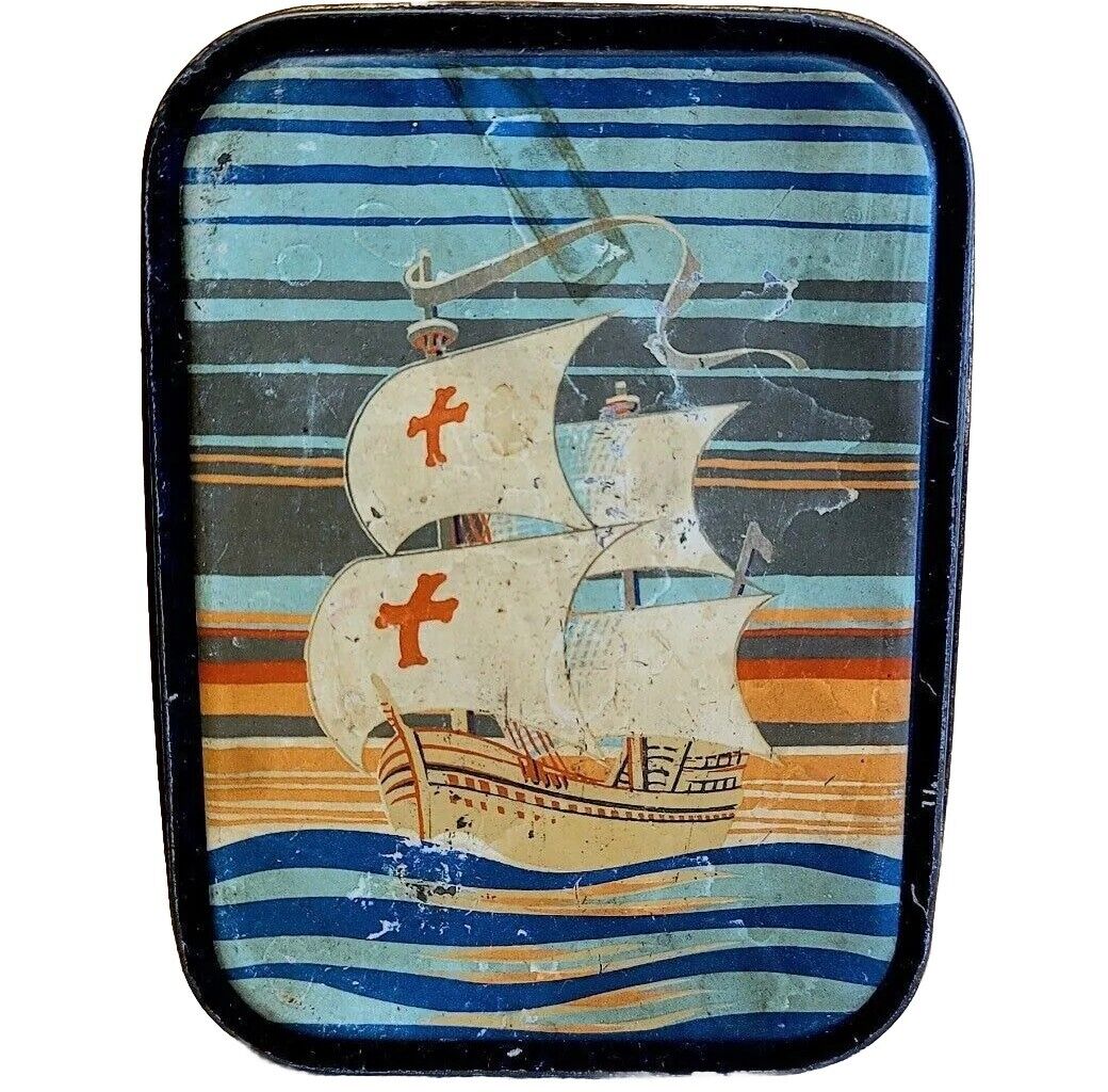 Sharps St George Ships Antique Toffee Candy Tin Nautical c1950s Collectible B74