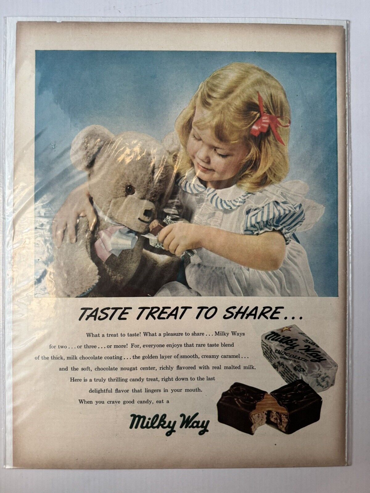 1948 Milky Way Candy Bar Vintage Print Ad Girl Feeding Teddy Bear Taste Treat